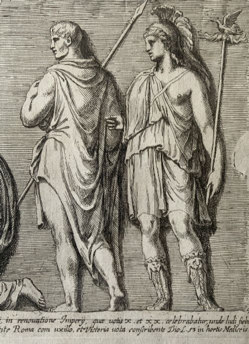 fig 2. A monochrome 17th-century etching depicting four Classical Roman figures with drapery alongside Latin inscriptions.