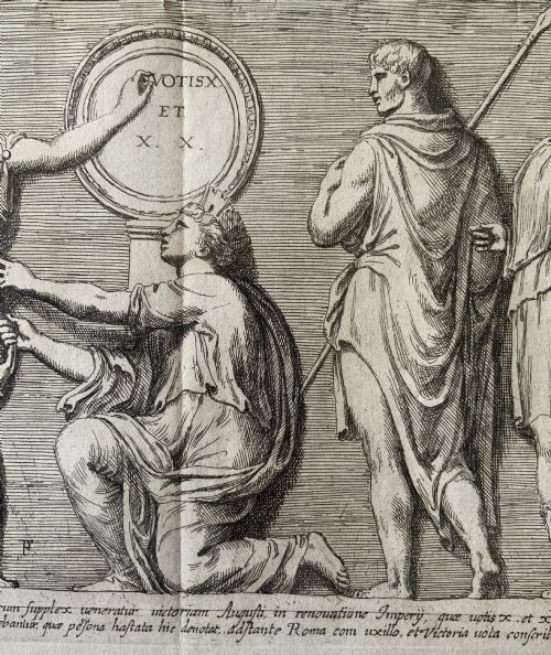 fig 3. A monochrome 17th-century etching depicting four Classical Roman figures with drapery alongside Latin inscriptions.