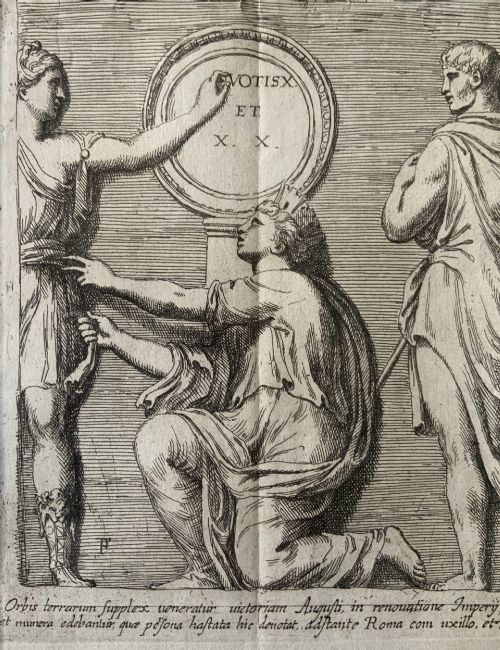 fig 4. A monochrome 17th-century etching depicting four Classical Roman figures with drapery alongside Latin inscriptions.