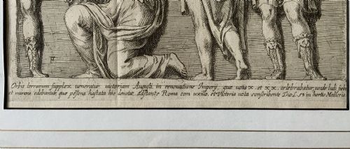 fig 5. A monochrome 17th-century etching depicting four Classical Roman figures with drapery alongside Latin inscriptions.