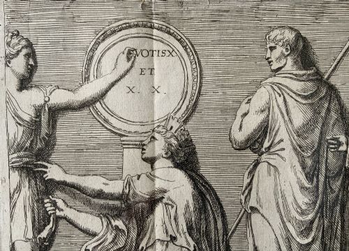 fig 6. A monochrome 17th-century etching depicting four Classical Roman figures with drapery alongside Latin inscriptions.