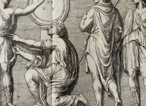 fig 7. A monochrome 17th-century etching depicting four Classical Roman figures with drapery alongside Latin inscriptions.