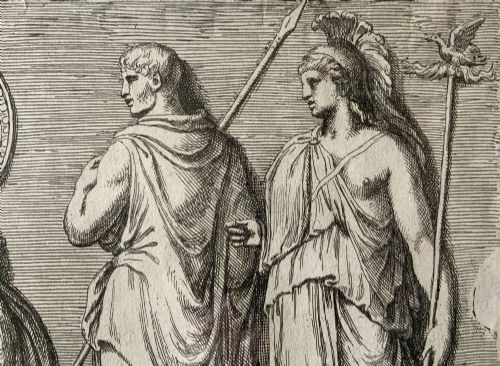 fig 8. A monochrome 17th-century etching depicting four Classical Roman figures with drapery alongside Latin inscriptions.