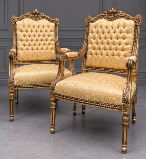 fig 3. A pair of 19th-century giltwood open armchairs featuring carved leaf detailing, button-tufted gold damask upholstery, and fluted front legs.