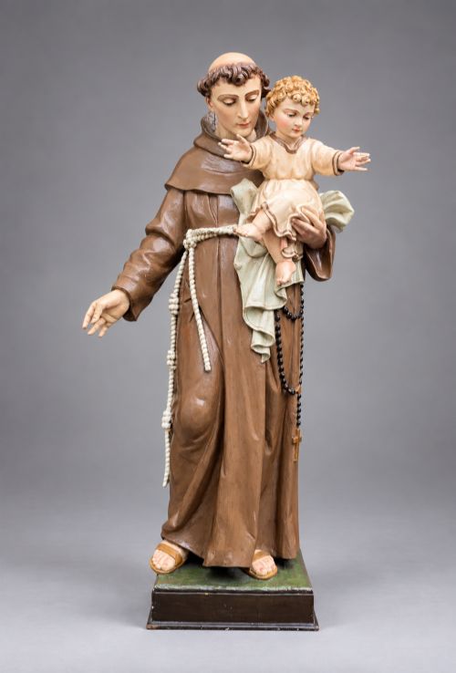 Large Antique Polychrome Carved Wood Sculpture - St. Anthony & Child – Czech