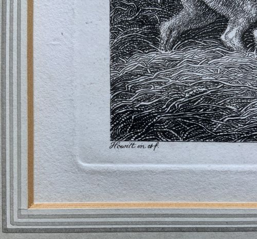 fig 5. A framed antique monochrome etching depicting pigs feeding at a trough with poultry on a wooden fence, presented in a black and gilt frame.