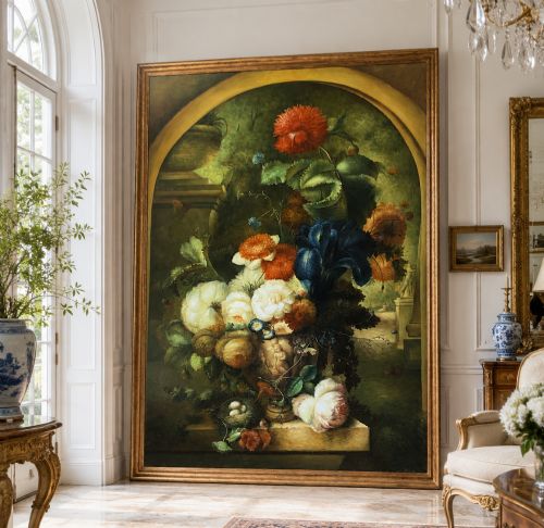fig 1. A large scale oil painting featuring a dense arrangement of colourful flowers in a carved classical urn set within a painted stone archway.