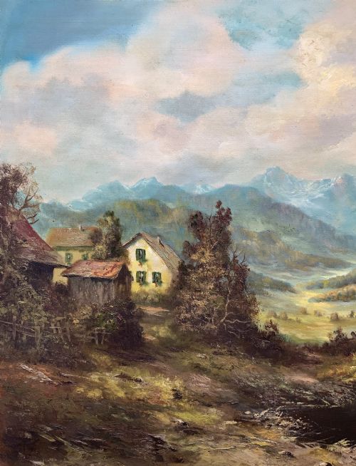 fig 3. An original alpine landscape oil painting depicting mountains, rural cottages, and a pond reflection, set within an ornate gilded frame.