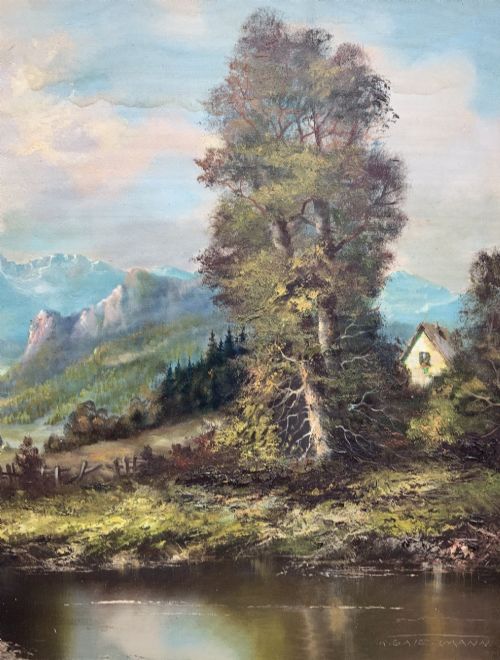 fig 4. An original alpine landscape oil painting depicting mountains, rural cottages, and a pond reflection, set within an ornate gilded frame.