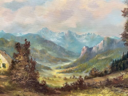 fig 8. An original alpine landscape oil painting depicting mountains, rural cottages, and a pond reflection, set within an ornate gilded frame.