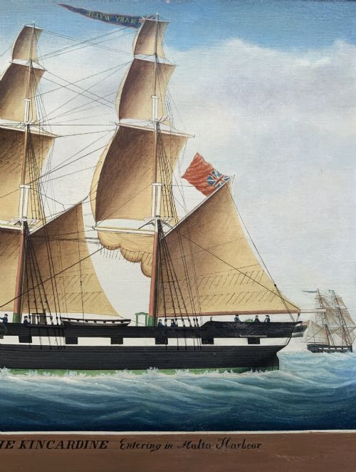 fig 3. A 19th-century maritime oil painting depicting the brig Mary Wylie entering Malta harbour in a dark and gilt wood frame.
