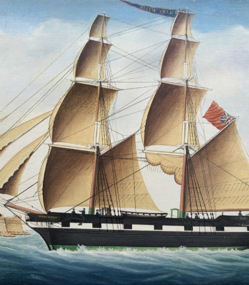 fig 4. A 19th-century maritime oil painting depicting the brig Mary Wylie entering Malta harbour in a dark and gilt wood frame.