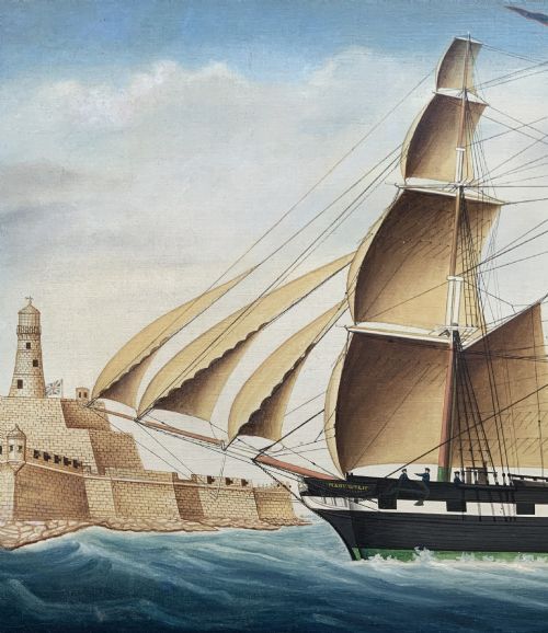 fig 5. A 19th-century maritime oil painting depicting the brig Mary Wylie entering Malta harbour in a dark and gilt wood frame.