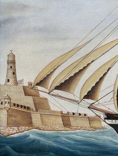 fig 6. A 19th-century maritime oil painting depicting the brig Mary Wylie entering Malta harbour in a dark and gilt wood frame.