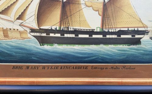 fig 8. A 19th-century maritime oil painting depicting the brig Mary Wylie entering Malta harbour in a dark and gilt wood frame.