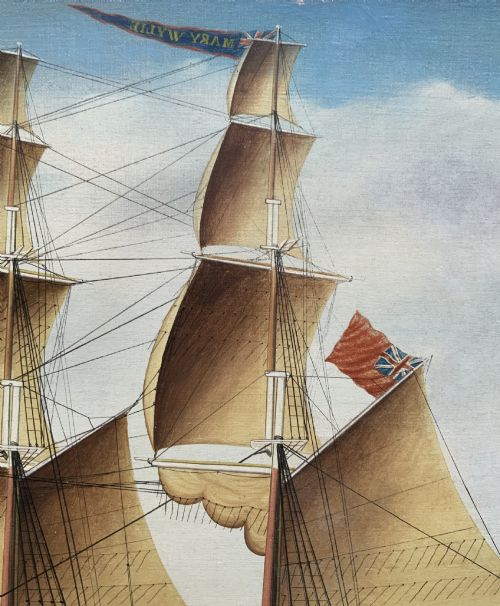 fig 9. A 19th-century maritime oil painting depicting the brig Mary Wylie entering Malta harbour in a dark and gilt wood frame.