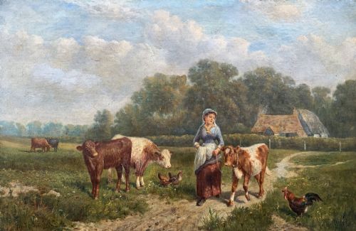 fig 2. A Victorian landscape oil painting depicting a farm girl, cattle, and chickens along a dirt path with a thatched cottage in the background, set within a heavily carved gilt frame.