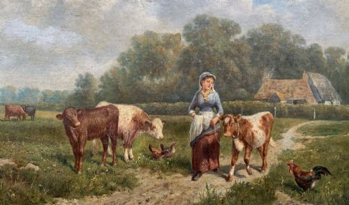 fig 3. A Victorian landscape oil painting depicting a farm girl, cattle, and chickens along a dirt path with a thatched cottage in the background, set within a heavily carved gilt frame.