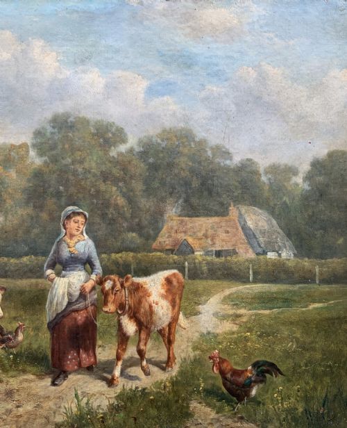 fig 4. A Victorian landscape oil painting depicting a farm girl, cattle, and chickens along a dirt path with a thatched cottage in the background, set within a heavily carved gilt frame.
