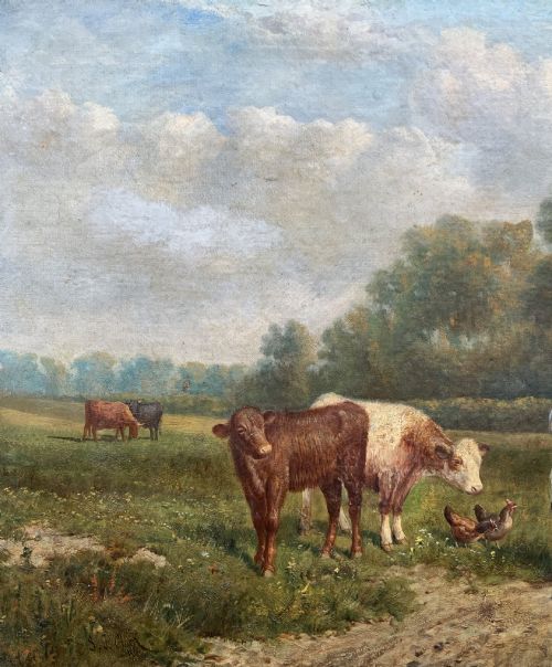 fig 5. A Victorian landscape oil painting depicting a farm girl, cattle, and chickens along a dirt path with a thatched cottage in the background, set within a heavily carved gilt frame.