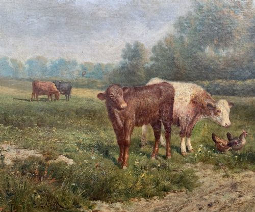 fig 6. A Victorian landscape oil painting depicting a farm girl, cattle, and chickens along a dirt path with a thatched cottage in the background, set within a heavily carved gilt frame.
