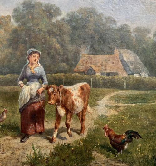fig 7. A Victorian landscape oil painting depicting a farm girl, cattle, and chickens along a dirt path with a thatched cottage in the background, set within a heavily carved gilt frame.