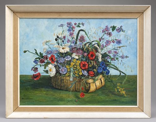 Vintage Signed Original Still Life Oil Painting – Wild Flowers in a Basket