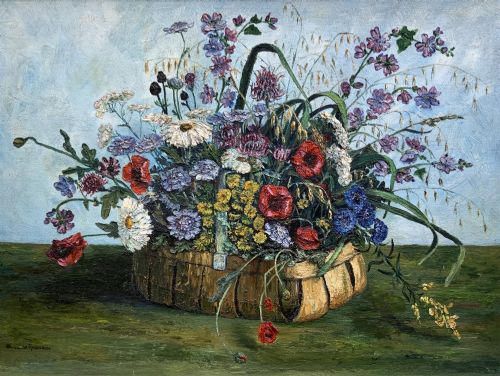 fig 2. A framed floral still life oil painting depicting a woven basket filled with colourful wildflowers including poppies and daisies against a light blue backdrop.