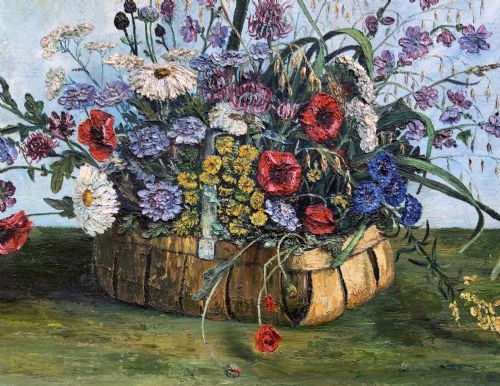 fig 3. A framed floral still life oil painting depicting a woven basket filled with colourful wildflowers including poppies and daisies against a light blue backdrop.