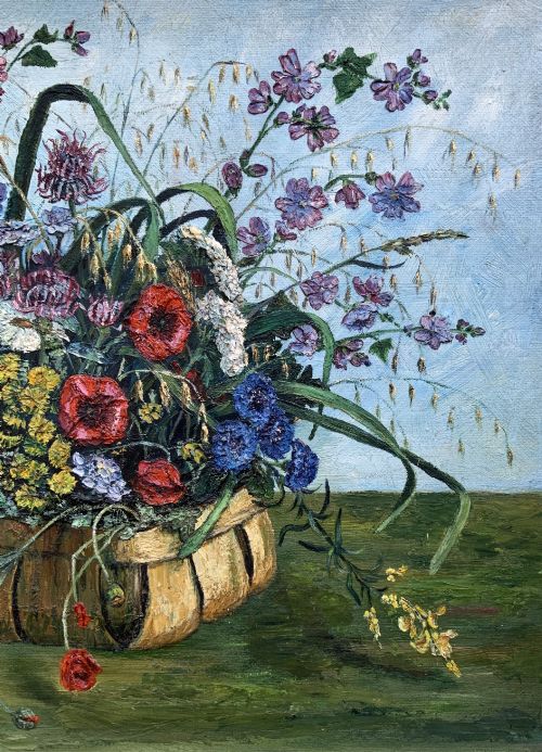 fig 4. A framed floral still life oil painting depicting a woven basket filled with colourful wildflowers including poppies and daisies against a light blue backdrop.