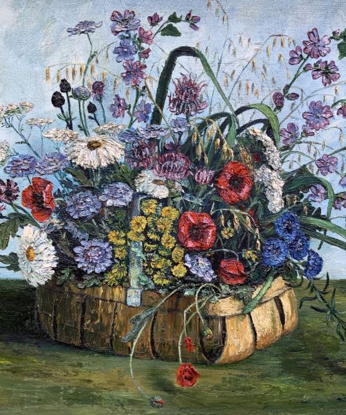 fig 5. A framed floral still life oil painting depicting a woven basket filled with colourful wildflowers including poppies and daisies against a light blue backdrop.