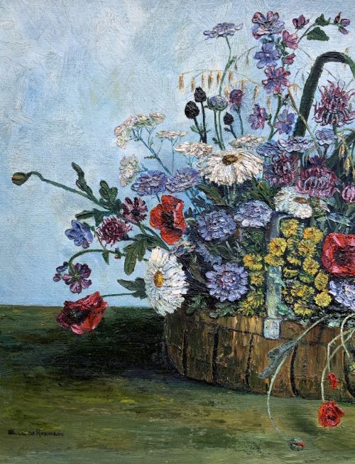 fig 6. A framed floral still life oil painting depicting a woven basket filled with colourful wildflowers including poppies and daisies against a light blue backdrop.