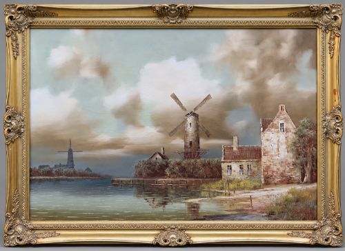 Large Beautiful 20th Century Dutch Windmill Landscape Oil Painting