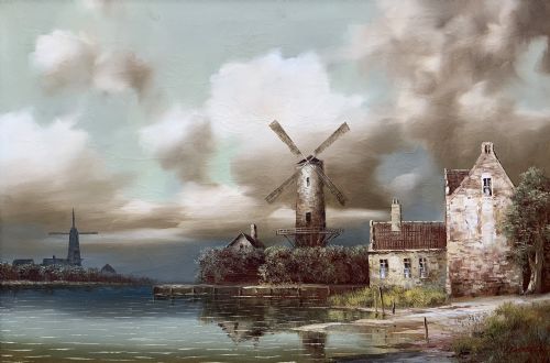 fig 1. A horizontal oil painting depicting Dutch windmills and stone buildings along a riverbank under a cloudy sky, presented in an ornate gilt frame.