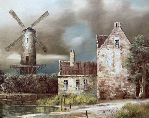 fig 7. A horizontal oil painting depicting Dutch windmills and stone buildings along a riverbank under a cloudy sky, presented in an ornate gilt frame.