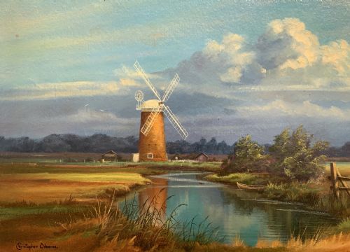 fig 3. An oil painting depicting Horsey Mill set amidst the Norfolk Broads under a cloud-filled sky, presented in an elaborate gilded swept frame.