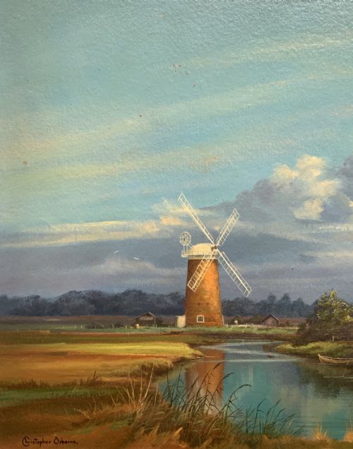 fig 6. An oil painting depicting Horsey Mill set amidst the Norfolk Broads under a cloud-filled sky, presented in an elaborate gilded swept frame.