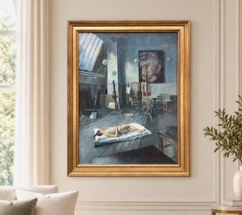 fig 1. An oil painting on canvas depicting a reclining nude model on a studio floor surrounded by wooden easels, a skylight, and studio furniture, set within a stepped gilt timber frame.