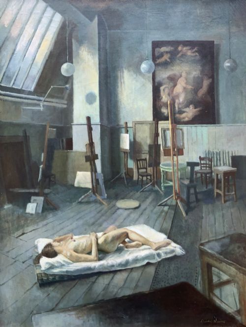 fig 2. An oil painting on canvas depicting a reclining nude model on a studio floor surrounded by wooden easels, a skylight, and studio furniture, set within a stepped gilt timber frame.