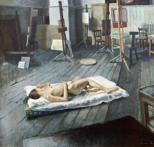 fig 4. An oil painting on canvas depicting a reclining nude model on a studio floor surrounded by wooden easels, a skylight, and studio furniture, set within a stepped gilt timber frame.