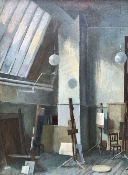 fig 6. An oil painting on canvas depicting a reclining nude model on a studio floor surrounded by wooden easels, a skylight, and studio furniture, set within a stepped gilt timber frame.
