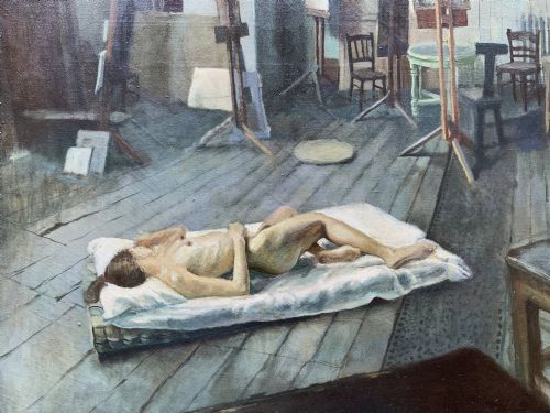 fig 7. An oil painting on canvas depicting a reclining nude model on a studio floor surrounded by wooden easels, a skylight, and studio furniture, set within a stepped gilt timber frame.