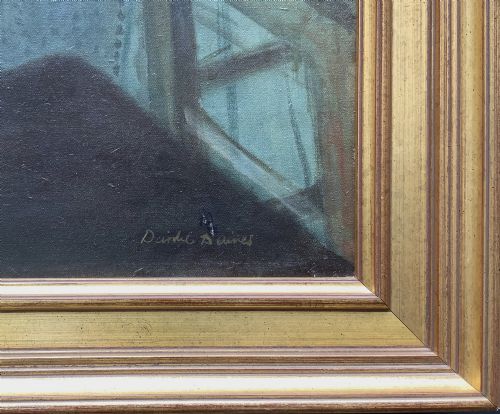 fig 8. An oil painting on canvas depicting a reclining nude model on a studio floor surrounded by wooden easels, a skylight, and studio furniture, set within a stepped gilt timber frame.