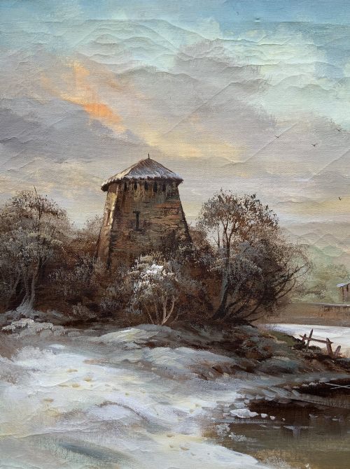 fig 3. A large framed oil painting depicting figures ice skating on a frozen canal beside historic stone buildings under a winter sky, housed in an ornate gilt frame.