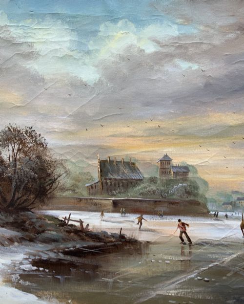 fig 4. A large framed oil painting depicting figures ice skating on a frozen canal beside historic stone buildings under a winter sky, housed in an ornate gilt frame.