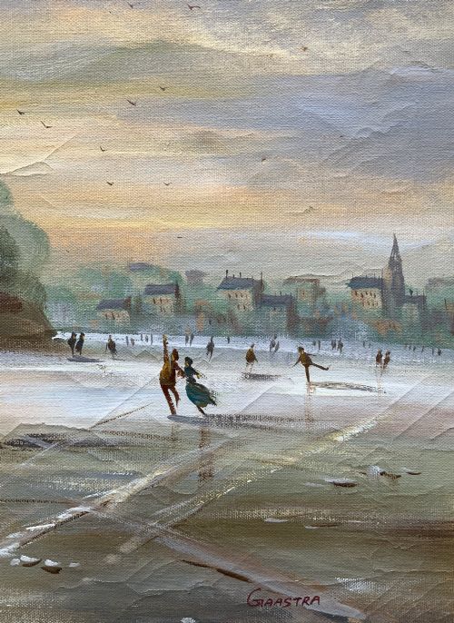 fig 6. A large framed oil painting depicting figures ice skating on a frozen canal beside historic stone buildings under a winter sky, housed in an ornate gilt frame.