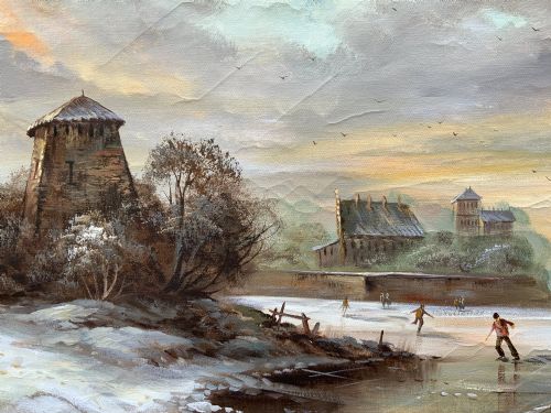 fig 7. A large framed oil painting depicting figures ice skating on a frozen canal beside historic stone buildings under a winter sky, housed in an ornate gilt frame.