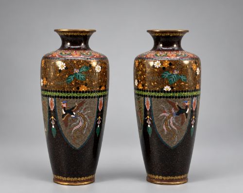 Pair Antique Japanese Meiji Cloisonné Enamel Phoenix Vases C.1900