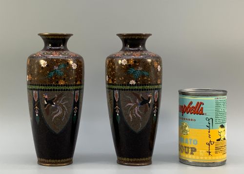 fig 2. A pair of Japanese Meiji period cloisonne enamel vases featuring detailed phoenix birds, floral motifs, and geometric borders on a dark background.