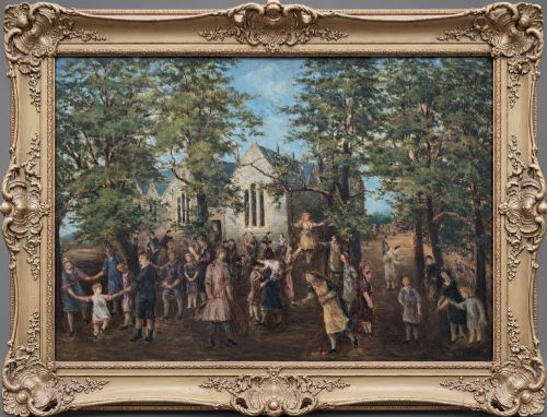 Large Edwardian Church Gathering Village Fête Oil Painting C.1905